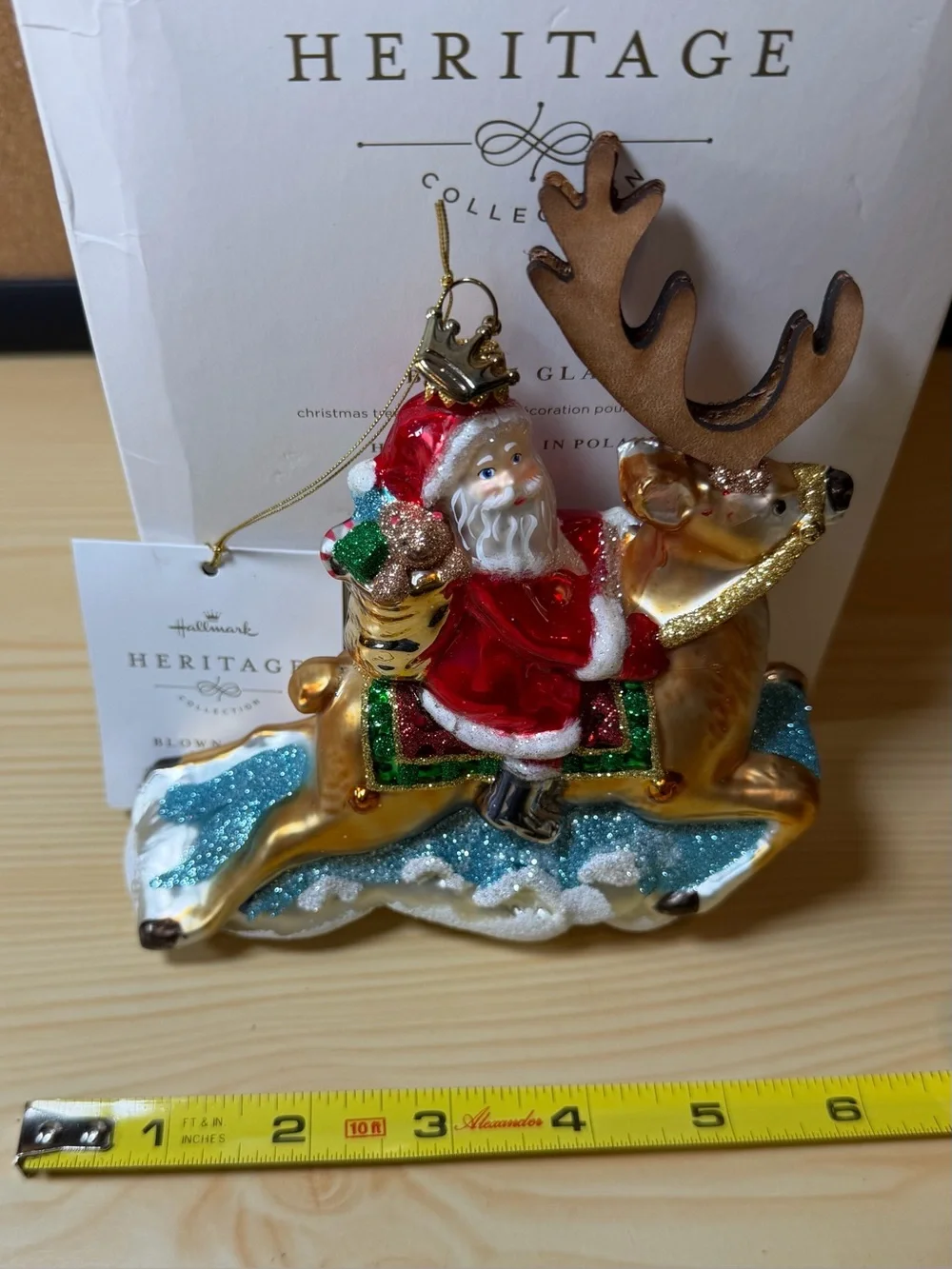Hallmark Heritage Blown Glass Folk Art Santa Tree Ornament Reindeer Tags & Box